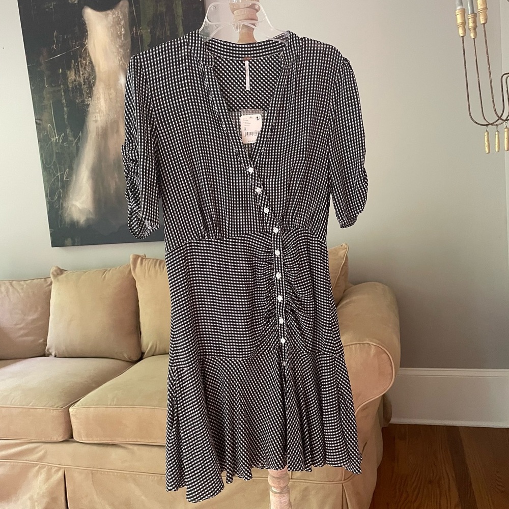 Free People Pippa Asymmetrical Gingham Mini Dress Black and White Checkered